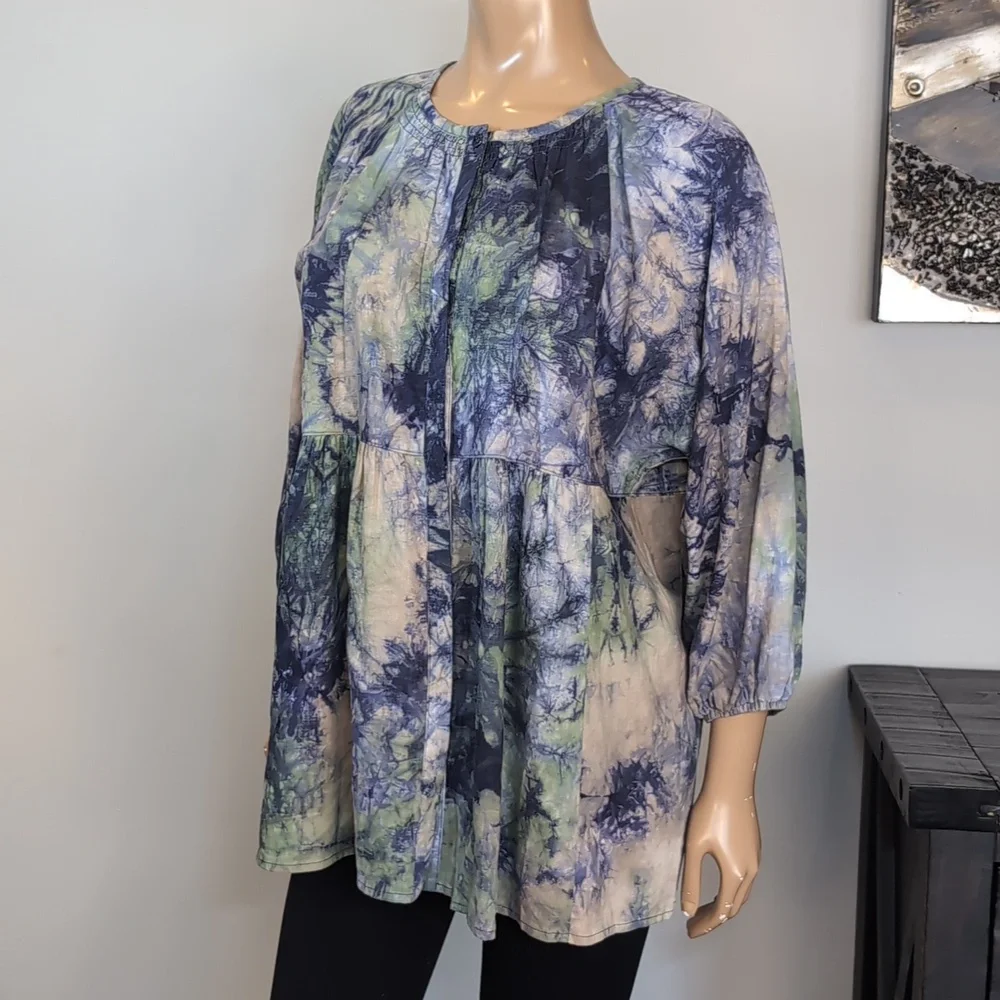 NEW Cabi Woodstock Blue Green Tie Dye Linen Babydoll Top Tunic Size Medium - Picture 5 of 14